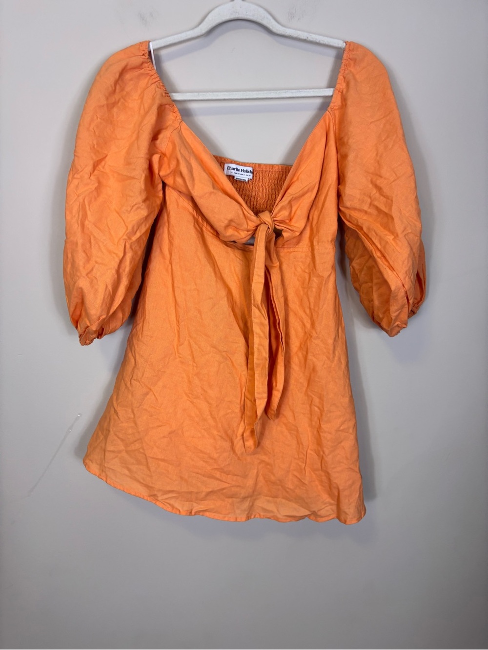 Charlie Holiday Orange Tie-Front Puff Sleeve Mini Dress Size 6